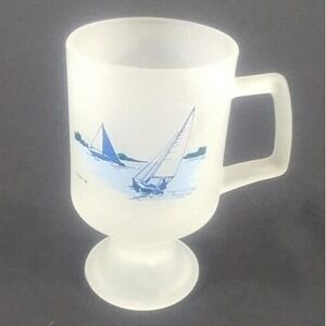 Vintage 1984 Tiara Sail Boats Frosted‎ Pedestal Coffee Tea Mug 5-1/2 in Tall
